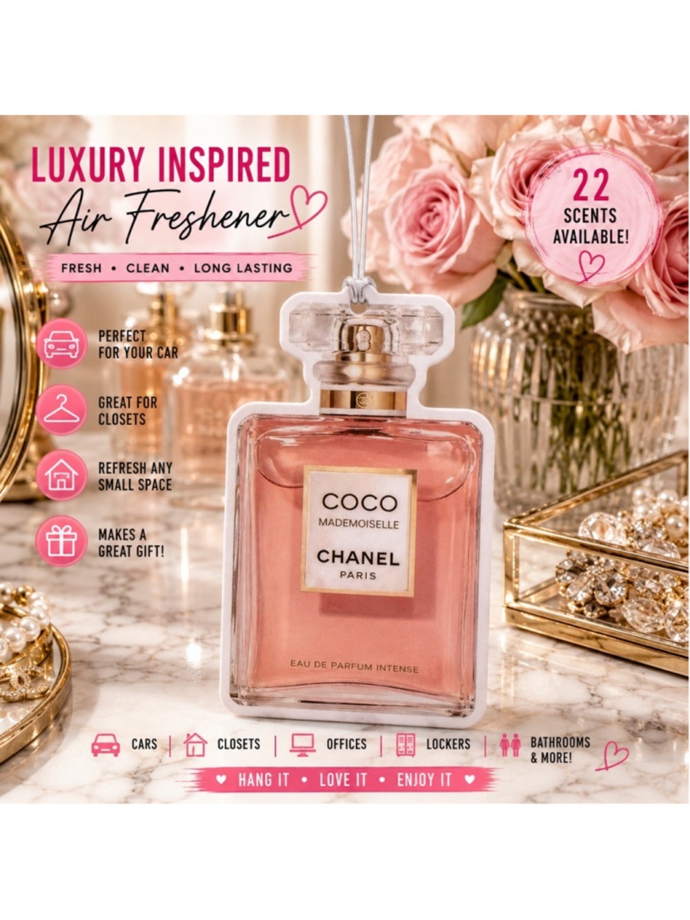 Luxury Inspired Pink Perfume Bottle Air Freshener Freshie Car Closet Office